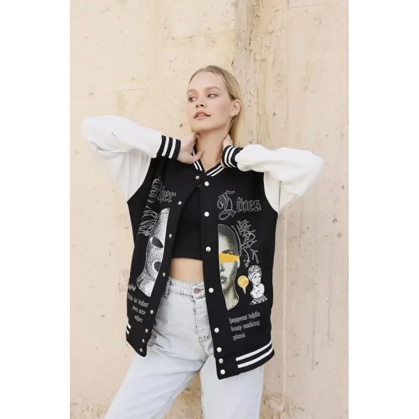 Kadın Oversize Kolej Tarzı Sweatshirt – 3 İplik İçi Pamuklu, Baskılı, Rahat Günlük Ceket - Siyah