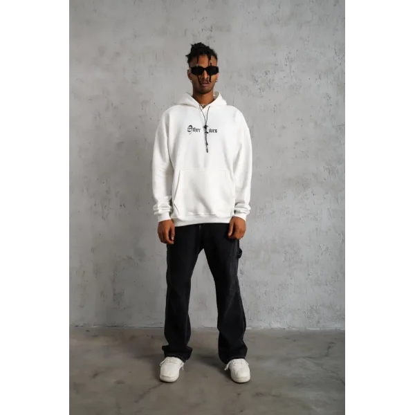 Erkek Oversize Üç İplik Şardonlu Kapüşonlu Sweatshirt – Beyaz “Other Lives” Ön ve Arka Baskılı, Kanguru Cepli, Ribanalı Rahat Kışlık Model Beyaz
