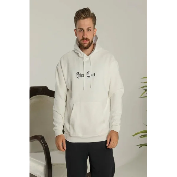 Erkek Oversize Üç İplik Şardonlu Kapüşonlu Sweatshirt – Beyaz “Other Lives” Ön ve Arka Baskılı, Kanguru Cepli, Ribanalı Rahat Kışlık Model Beyaz