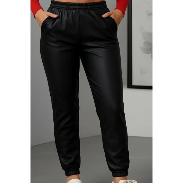 Kadın Paçası Lastikli Cep Detaylı Deri Tayt