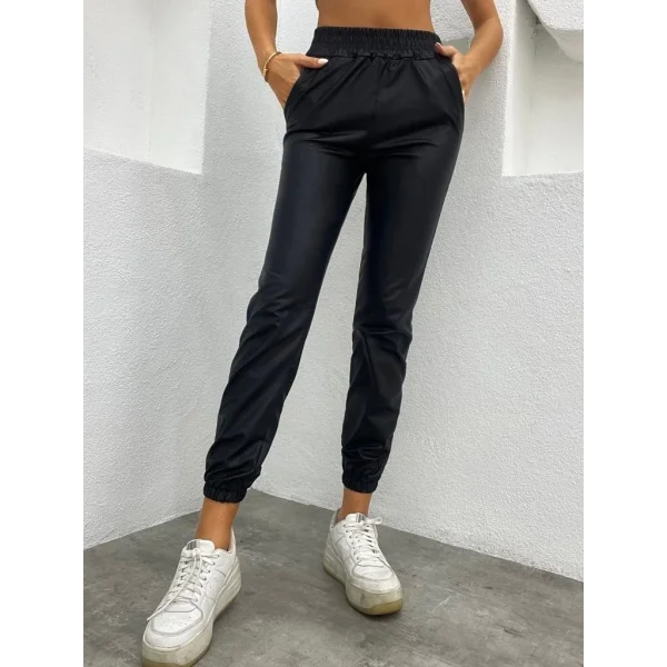 Kadın Paçası Lastikli Cep Detaylı Deri Tayt Pantolon