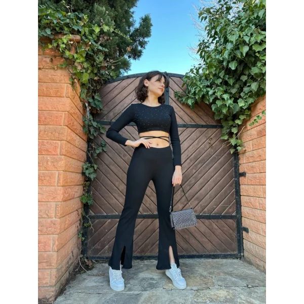 Kadın Paçası Yırtmaç Detaylı Taşlı Bel Bağlamalı Kaşkorse İkili Takım