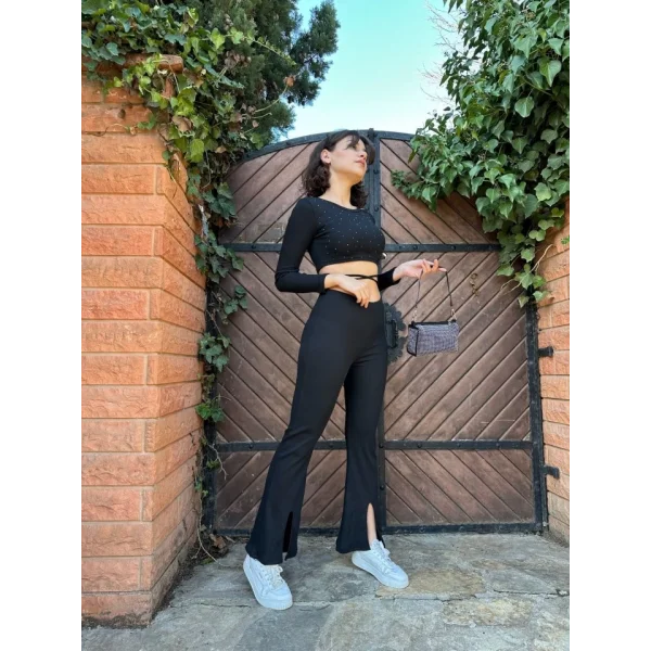 Kadın Paçası Yırtmaç Detaylı Taşlı Bel Bağlamalı Kaşkorse İkili Takım