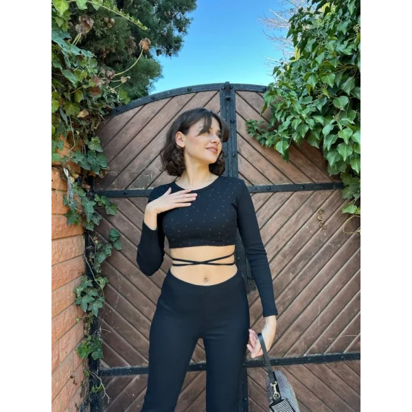 Kadın Paçası Yırtmaç Detaylı Taşlı Bel Bağlamalı Kaşkorse İkili Takım