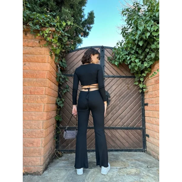 Kadın Paçası Yırtmaç Detaylı Taşlı Bel Bağlamalı Kaşkorse İkili Takım