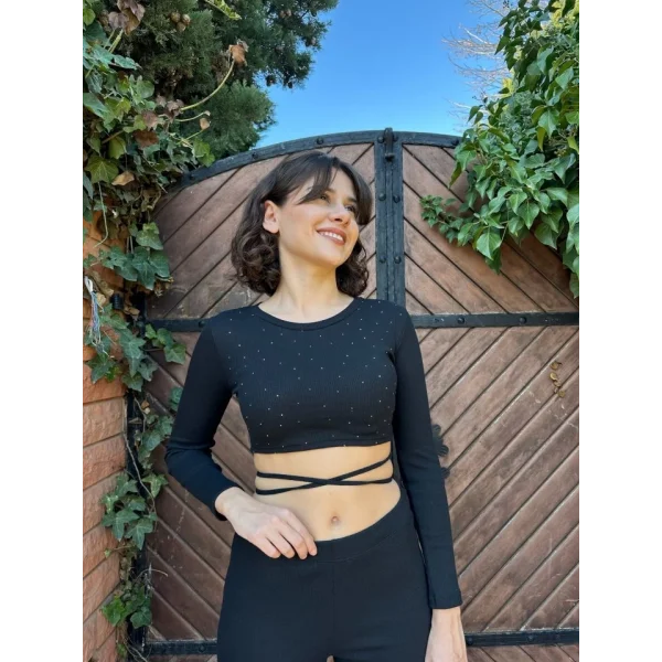 Kadın Paçası Yırtmaç Detaylı Taşlı Bel Bağlamalı Kaşkorse İkili Takım