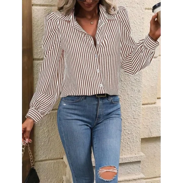 Kadın Pamuk Polyester Kumaş, Balon Kol Çizgili Gömlek