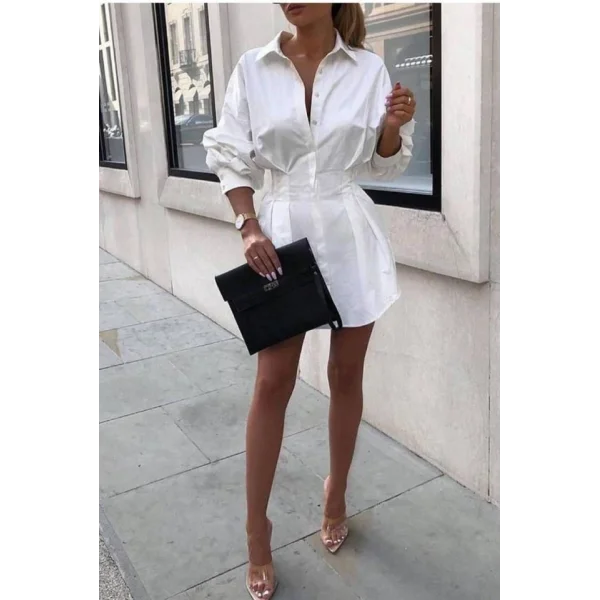 Kadın Pamuk Polyester Kumaş Belden Pileli Gömlek Elbise