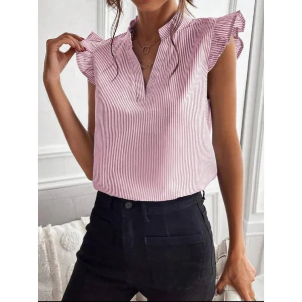 Kadın Pamuk Polyester Kumaş V Yaka Omuzu Fırfırlı Bluz