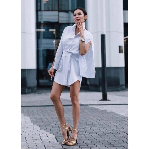 Kadın PamukPolyester Kumaş, Kolları Patlı, Beli Kuşaklı Tasarım Gömlek Elbise