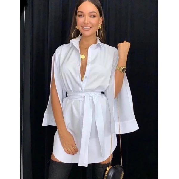 Kadın PamukPolyester Kumaş, Kolları Patlı, Beli Kuşaklı Tasarım Gömlek Elbise