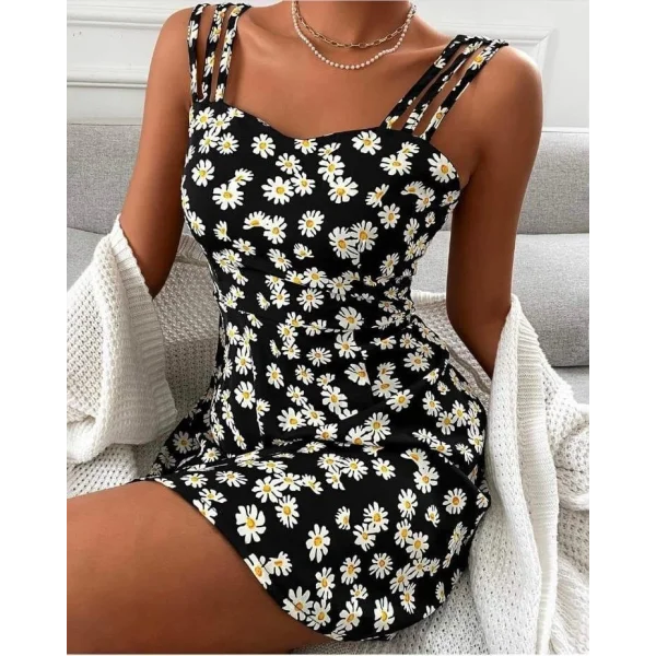 Kadın Papatya Desen Mikro Kumaş Askılı Elbise