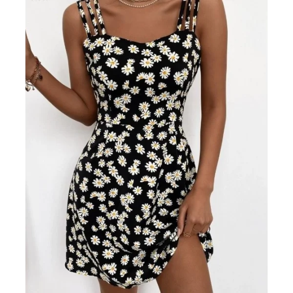 Kadın Papatya Desen Mikro Kumaş Askılı Elbise