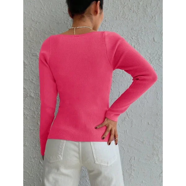 Kadın Pembe Dekolteli Kare Yaka Triko Bluz 2042