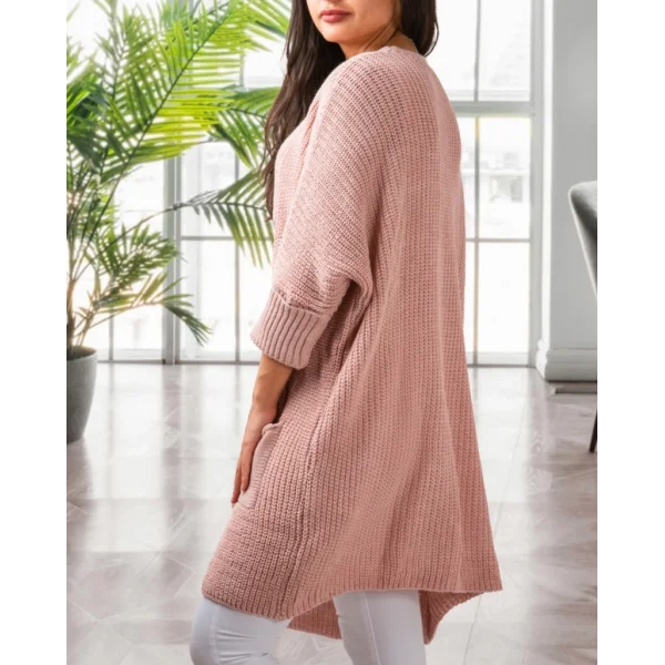 Kadın Pembe Oversize Kalıp Cepli Salaş Triko Hırka 7009