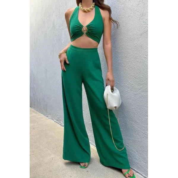 Kadın Pera Keten Kumaş Halka Detaylı ırt etal Fermuarlı Bel Gizli Fermuarlı Büstiyer Pantolon Takım