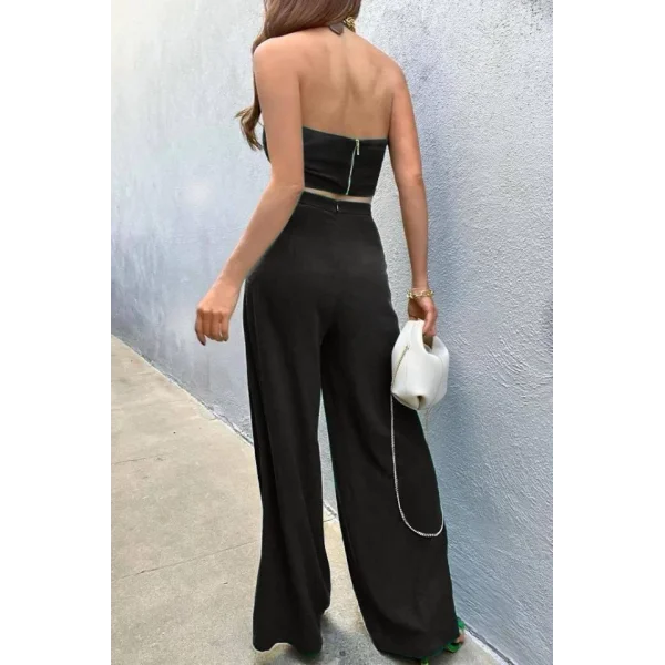 Kadın Pera Keten Kumaş Halka Detaylı ırt etal Fermuarlı Bel Gizli Fermuarlı Büstiyer Pantolon Takım