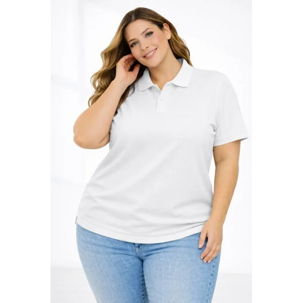 Kadın Pike Kumaş Düğmeli Yaka Battal Büyük Beden Günlük Kısa kol Tişört T-shirt - Beyaz