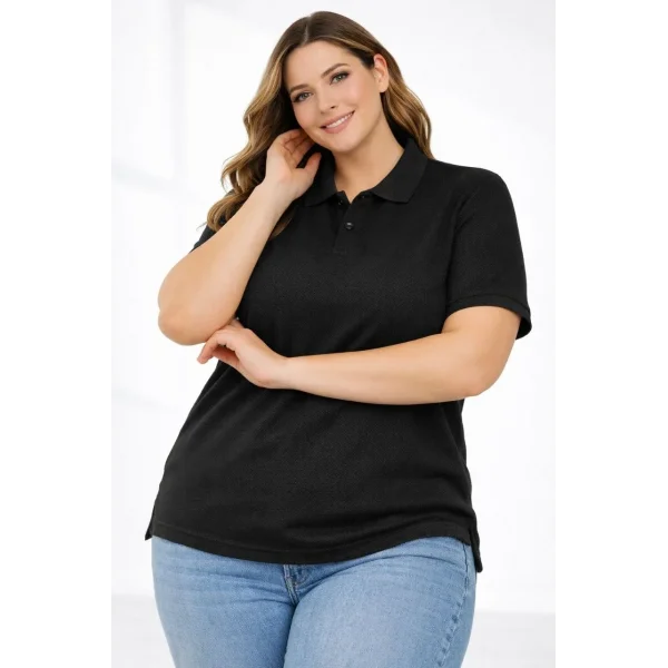 Kadın Pike Kumaş Düğmeli Yaka Battal Büyük Beden Günlük Kısa kol Tişört T-shirt - Siyah