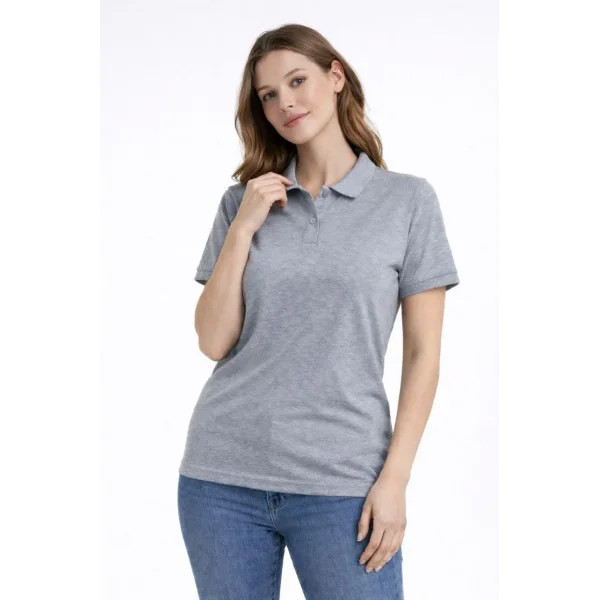 Kadın Pike Kumaş Düğmeli Yaka Regular Rahat Günlük Kısa kol Tişört T-shirt - Gri