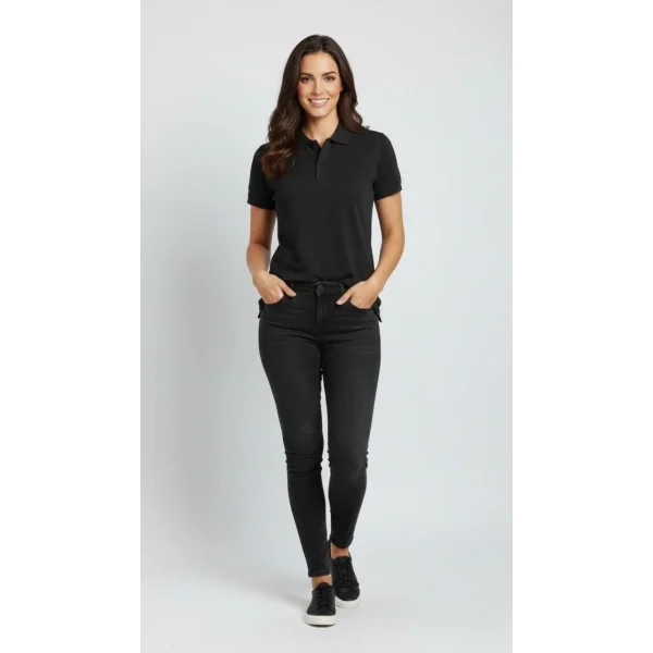 Kadın Pike Kumaş Düğmeli Yaka Regular Rahat Günlük Kısa kol Tişört T-shirt - Siyah