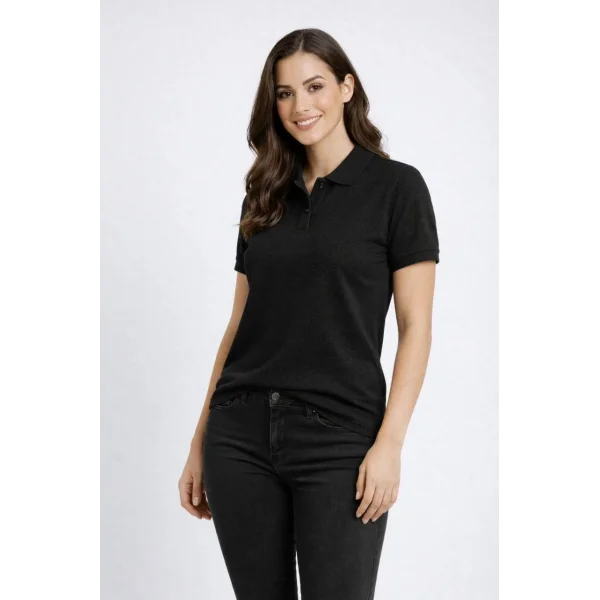 Kadın Pike Kumaş Düğmeli Yaka Regular Rahat Günlük Kısa kol Tişört T-shirt - Siyah