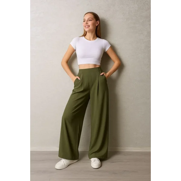 Kadın Pileli Gizli Cep Detay Salaş Pantolon