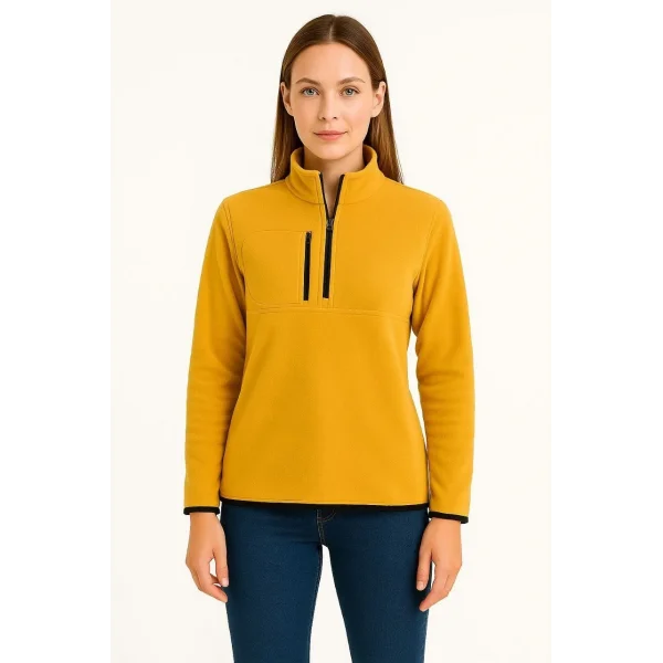 Kadın Polar Kazak – Dik Yaka, Yarım Fermuarlı, Fermuarlı Göğüs Cepli, Siyah Biyeli, Kışlık Rahat Regular Fit Günlük Model - Sarı