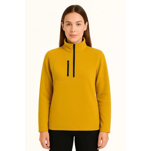 Kadın Polar Kazak – Dik Yaka, Yarım Fermuarlı, Fermuarlı Göğüs Cepli, Siyah Biyeli, Kışlık Rahat Regular Fit Günlük Model - Sarı