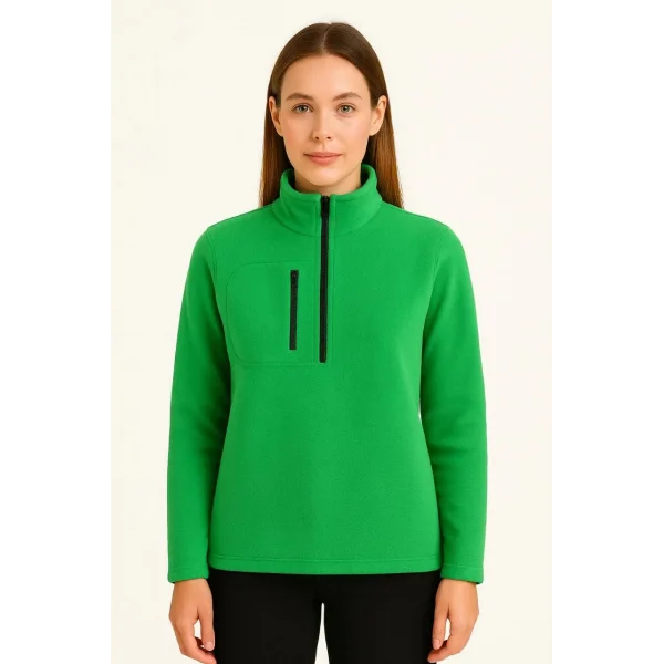 Kadın Polar Kazak – Dik Yaka, Yarım Fermuarlı, Fermuarlı Göğüs Cepli, Siyah Biyeli, Kışlık Rahat Regular Fit Günlük Model - Yeşil