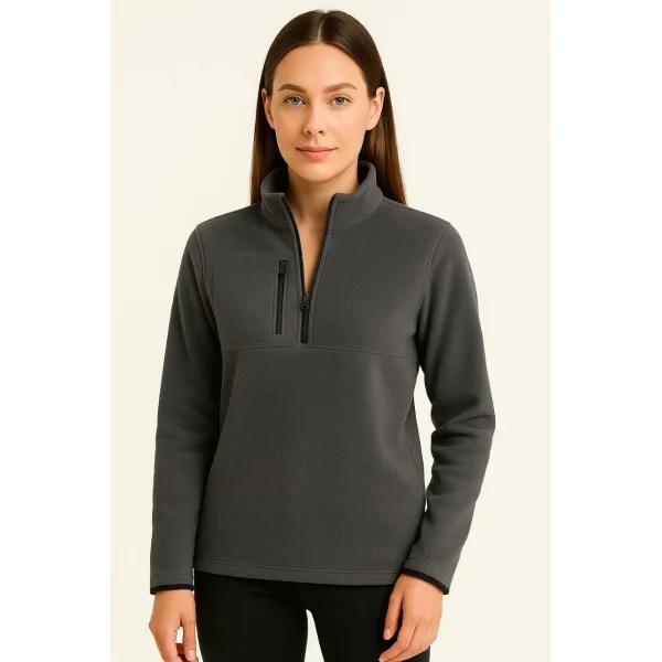 Kadın Polar Kazak – Dik Yaka, Yarım Fermuarlı, Fermuarlı Göğüs Cepli, Siyah Biyeli, Kışlık Rahat Regular Fit Günlük Model - Füme