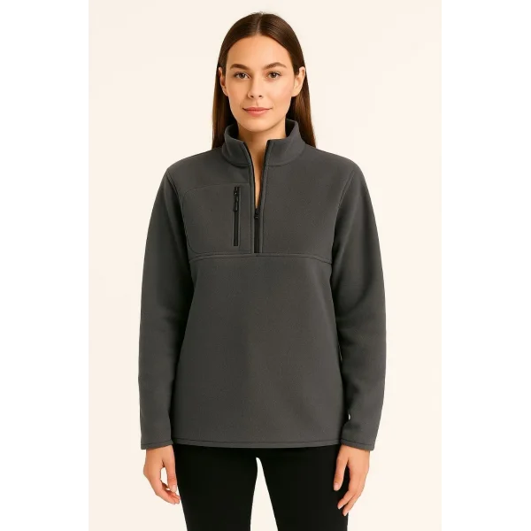 Kadın Polar Kazak – Dik Yaka, Yarım Fermuarlı, Fermuarlı Göğüs Cepli, Siyah Biyeli, Kışlık Rahat Regular Fit Günlük Model - Füme