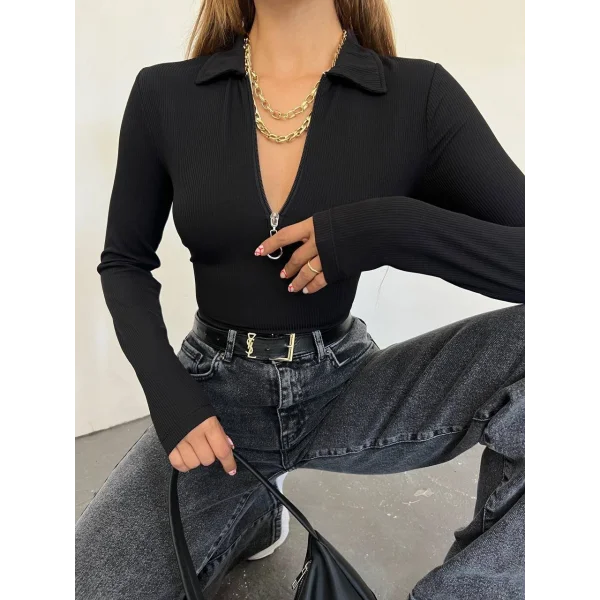 Kadın Polo Yaka Yakası Fermuarlı Burgu Kumaş Bluz