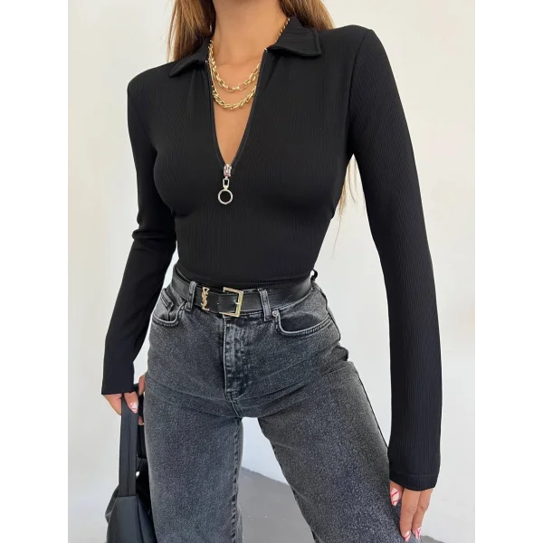 Kadın Polo Yaka Yakası Fermuarlı Burgu Kumaş Bluz