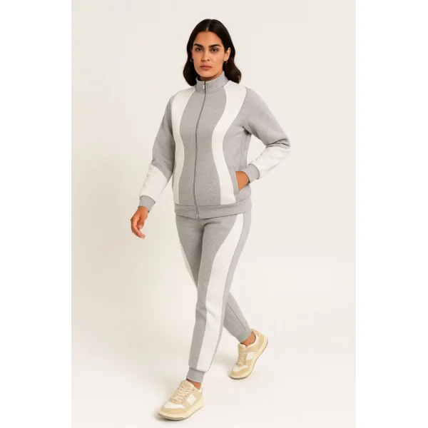 Kadın Premium Parçalı Eşofman Takım - Dik Yaka Fermuarlı Sweatshirt - Gri
