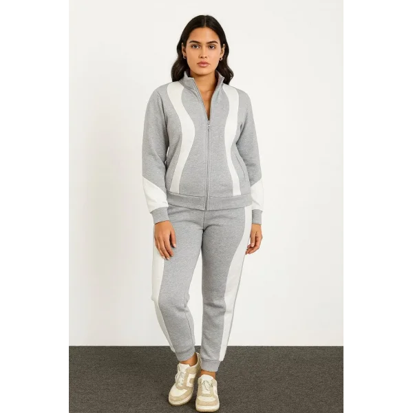 Kadın Premium Parçalı Eşofman Takım - Dik Yaka Fermuarlı Sweatshirt - Gri