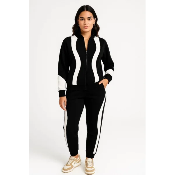 Kadın Premium Parçalı Eşofman Takım - Dik Yaka Fermuarlı Sweatshirt - Siyah