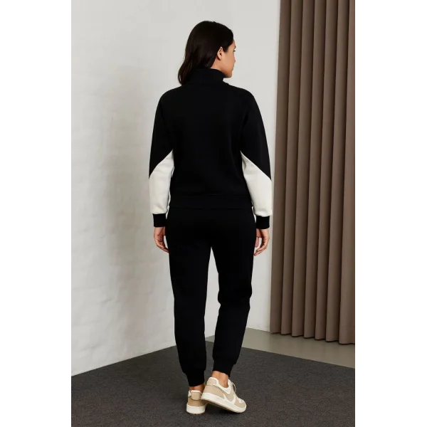 Kadın Premium Parçalı Eşofman Takım - Dik Yaka Fermuarlı Sweatshirt - Siyah