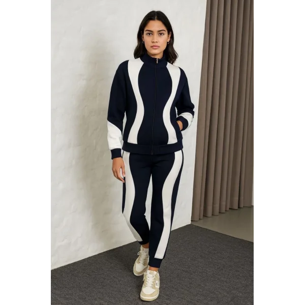 Kadın Premium Parçalı Eşofman Takım - Dik Yaka Fermuarlı Sweatshirt - Siyah