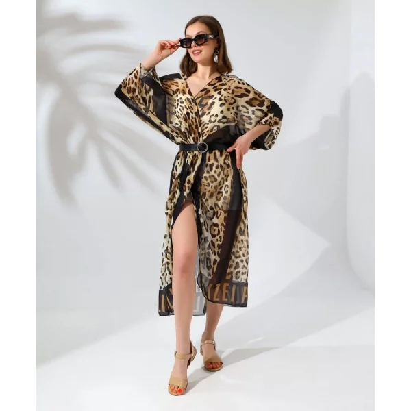 Kadın Rahat Kesim Şifon Kimono - Leopar