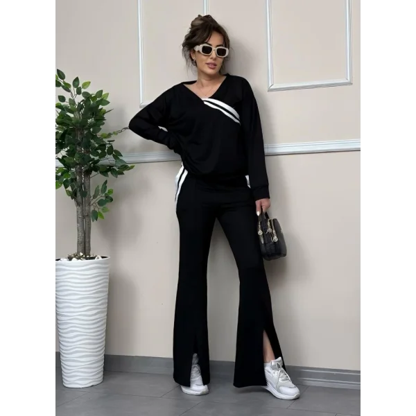 Kadın Ribana Detay Bluz Ve Ispanyol Paça Yırtmaçlı Pantolon Ikili Takım