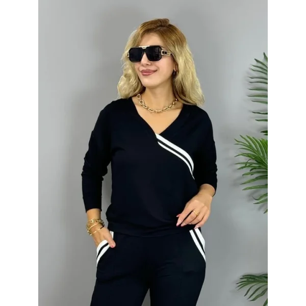 Kadın Ribana Detay Bluz Ve Ispanyol Paça Yırtmaçlı Pantolon Ikili Takım