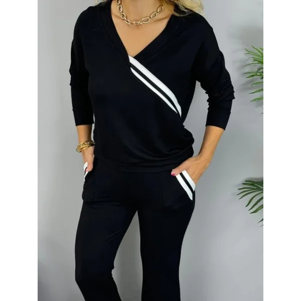 Kadın Ribana Detay Bluz Ve Ispanyol Paça Yırtmaçlı Pantolon Ikili Takım