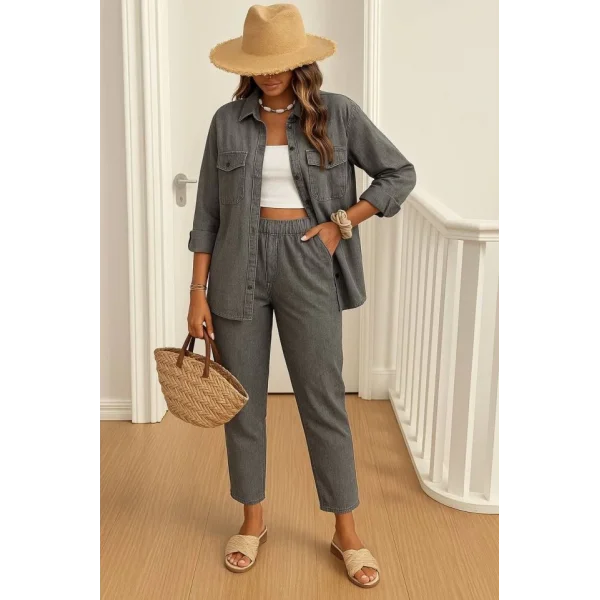 Kadın Salaş Gömlek Ve Yüksek Bel Kısa Paça Pantolon Ikili Takım