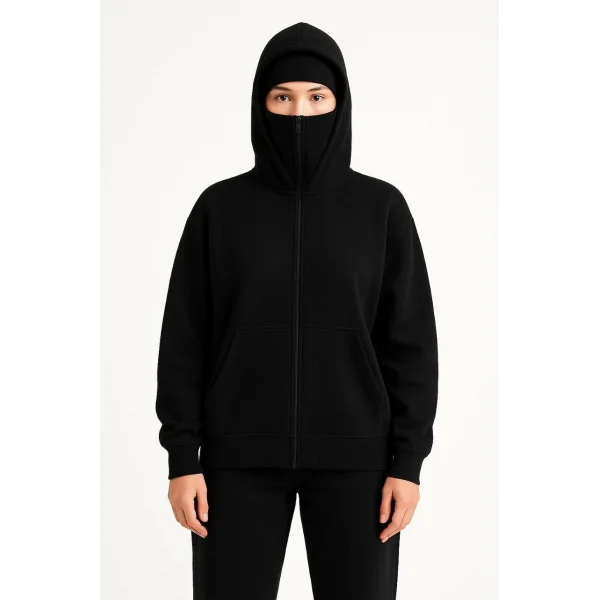 Kadın Samuray Ninja Çift Kapüşonlu Maske Detaylı Fermuarlı Kanguru Cepli Hoodie - Siyah