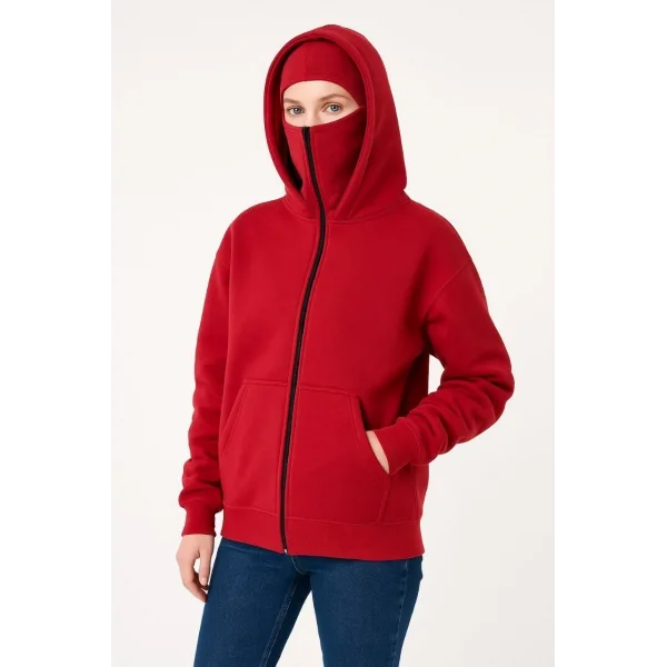 Kadın Samuray Ninja Çift Kapüşonlu Maske Detaylı Fermuarlı Kanguru Cepli Hoodie - Kırmızı