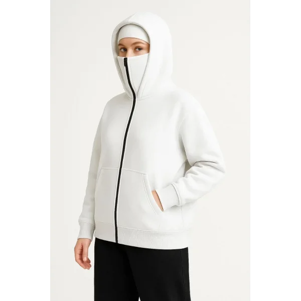 Kadın Samuray Ninja Çift Kapüşonlu Maske Detaylı Fermuarlı Kanguru Cepli Hoodie - Beyaz