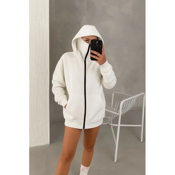 Kadın Samuray Ninja Çift Kapüşonlu Maske Detaylı Fermuarlı Kanguru Cepli Hoodie - Beyaz