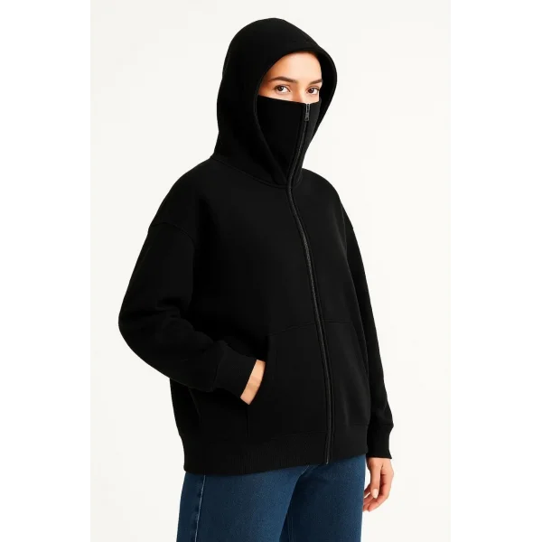 Kadın Samuray Ninja Çift Kapüşonlu Maske Detaylı Fermuarlı Kanguru Cepli Hoodie - Siyah