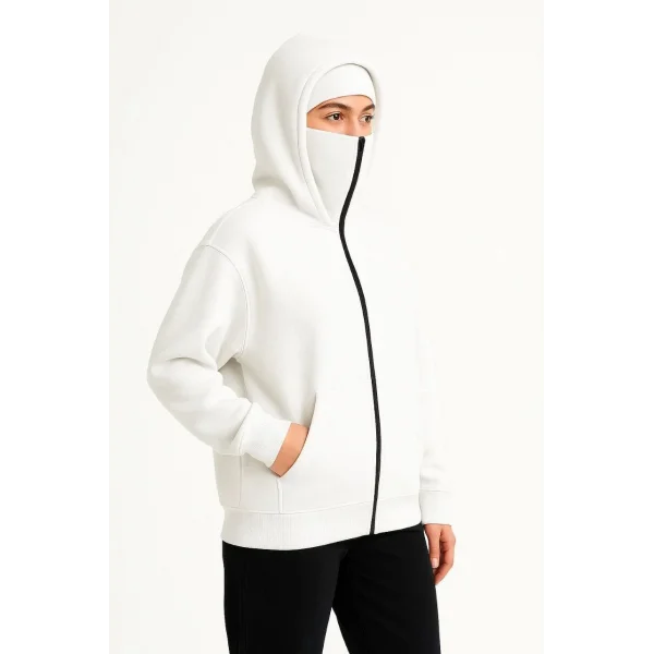 Kadın Samuray Ninja Çift Kapüşonlu Maske Detaylı Fermuarlı Kanguru Cepli Hoodie - Beyaz